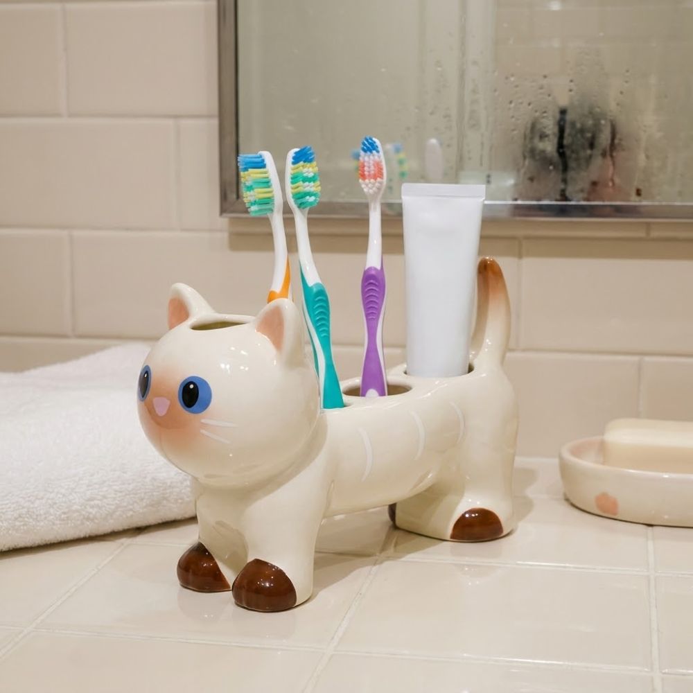 Energy Storage Rack - ที่วางแปรงสีฟันเซรามิกรูปแมวและสุนัข 4 ช่อง ที่เก็บแปรงสีฟันกันน้ำ ลายการ์ตูนน่ารัก ที่วางแปรงสีฟันไฟฟ้า